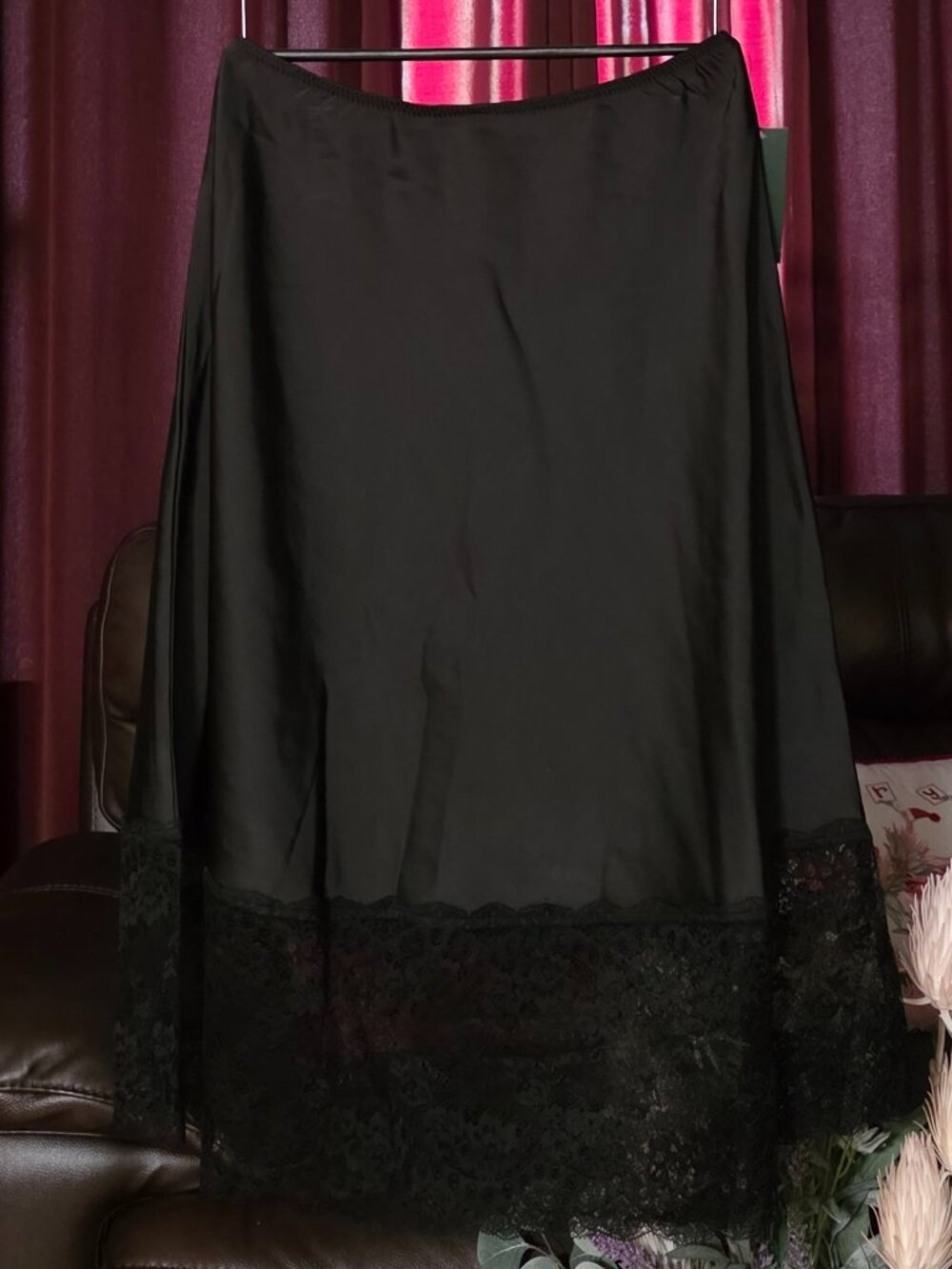 WILD FABLE Black Satin Midi Skirt Lace Hem!